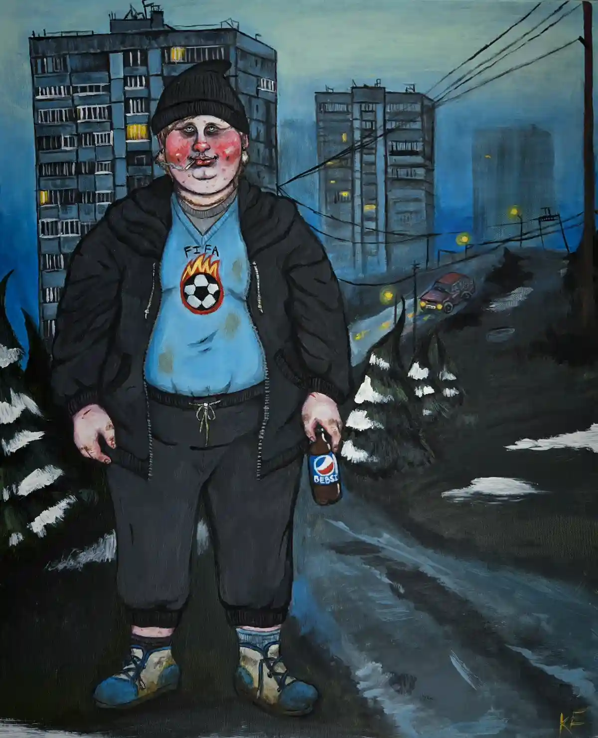 A painting depicts a plump person in a black beanie, blue FIFA t-shirt with a flaming soccer ball, and dark pants, holding a…