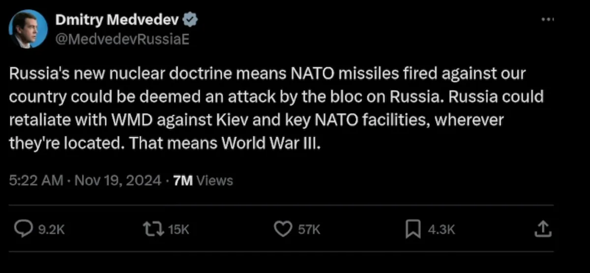 A screenshot of a tweet from Dmitry Medvedev's verified Twitter account (@MedvedevRussiaE) posted on November 19, 2024, at…