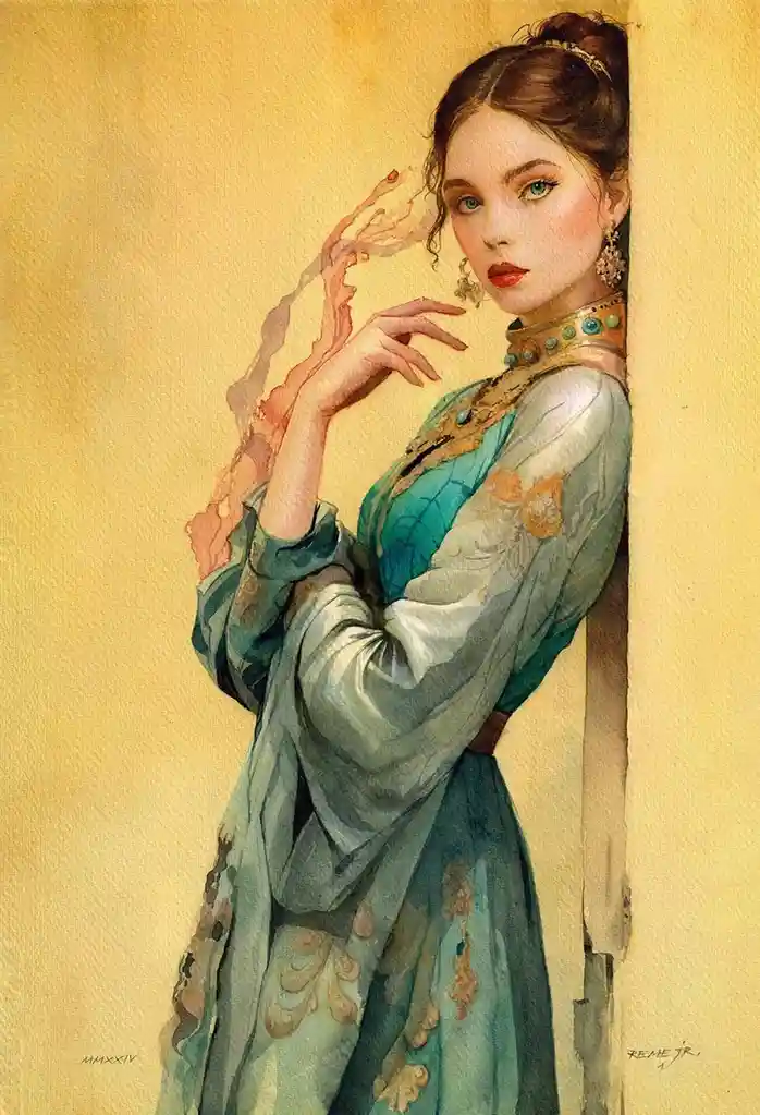 A watercolor painting depicts a woman in ornate teal and gold clothing peeking from behind a wall, her hand raised as if…