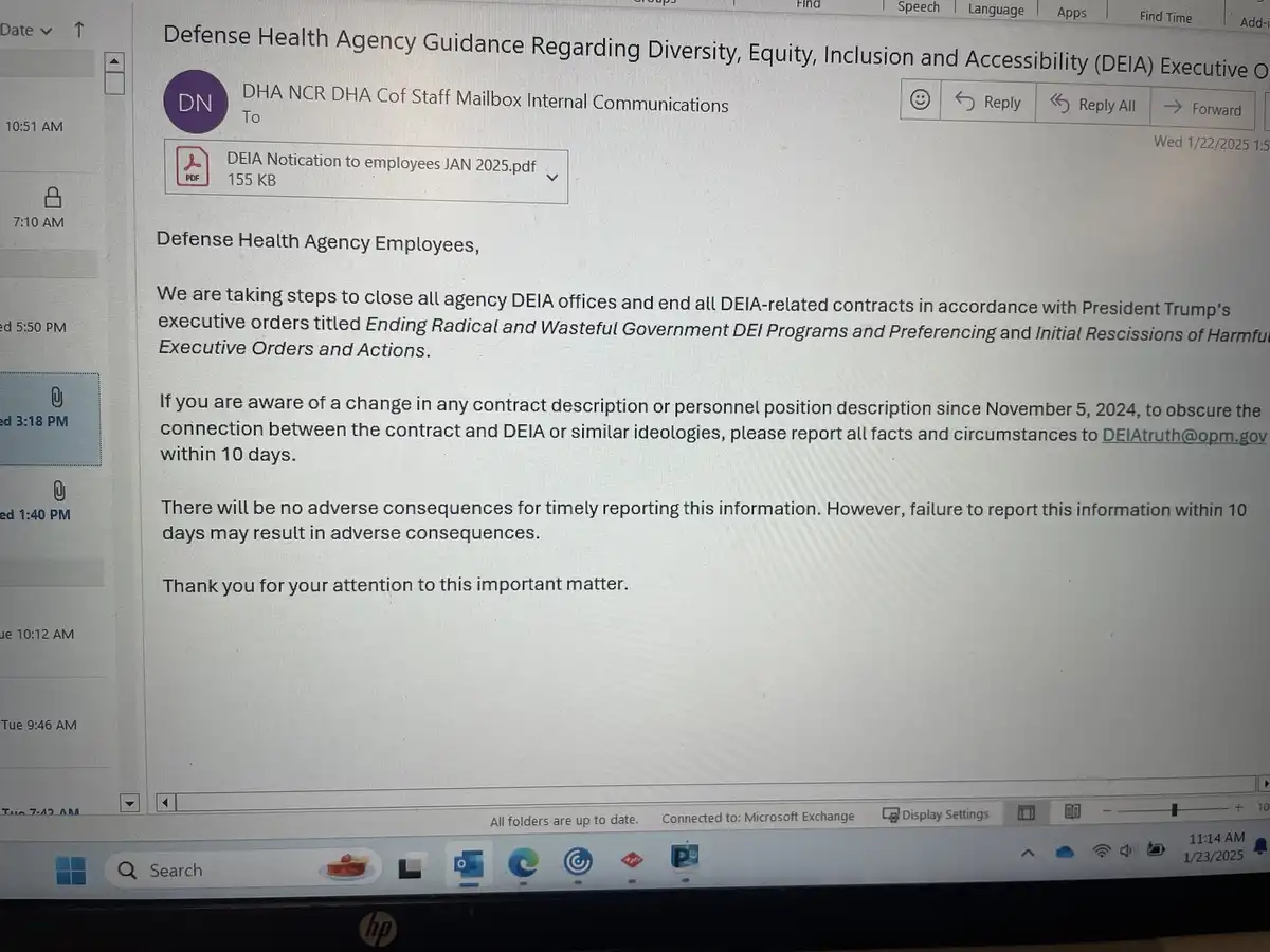 A screenshot of an internal email from the Defense Health Agency, dated January 22, 2025, instructing employees to report…