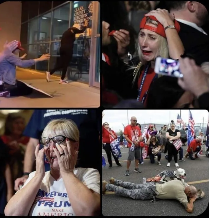A four-panel collage shows emotionally distraught people: one person kneeling outside a Clark County Election Department, a…