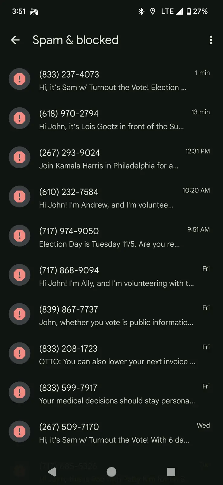 A smartphone screen shows a 'Spam & blocked' text message list with multiple recent messages from unknown numbers, all…