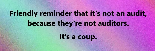 A gradient background of teal, green, and purple with black text that reads: 'Friendly reminder that it's not an audit…