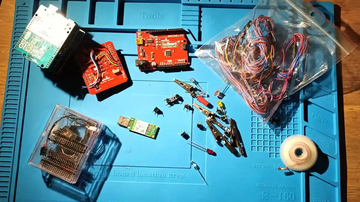 An overhead shot of a blue electronics work mat labeled 'Tools' and 'Parts' with various electronic components scattered…
