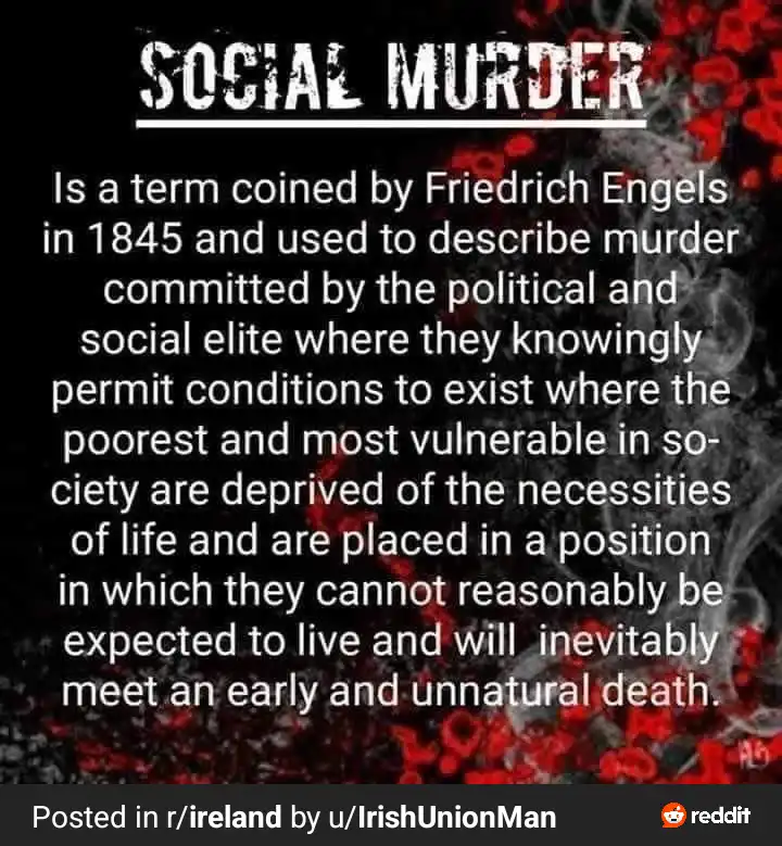 A dark-themed image with red splatters and smoke, overlaid with white text defining 'SOCIAL MURDER' as a term coined by…