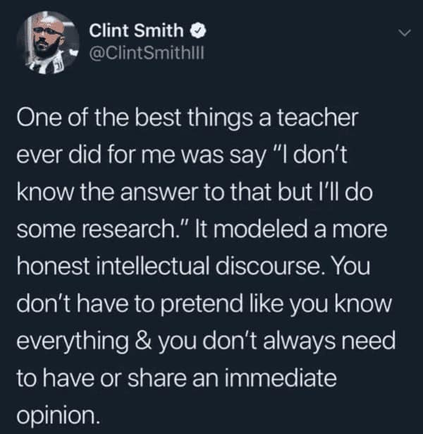 A screenshot of a tweet by Clint Smith (@ClintSmithIII) with a dark background and white text. The tweet praises a teacher…