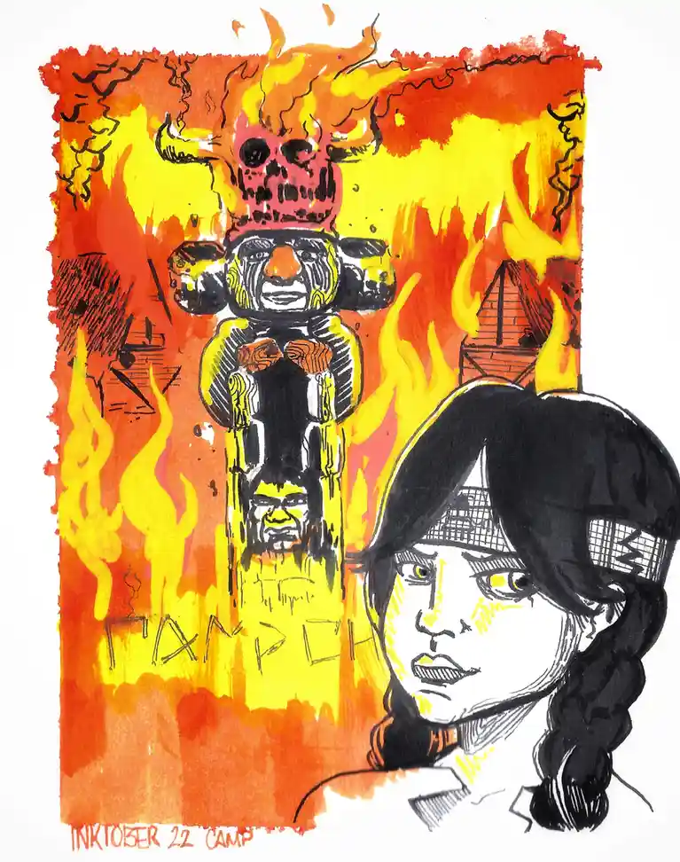 A hand-drawn illustration shows a stylized, multi-faced, flaming totem pole with a skull on top, set against a background of…