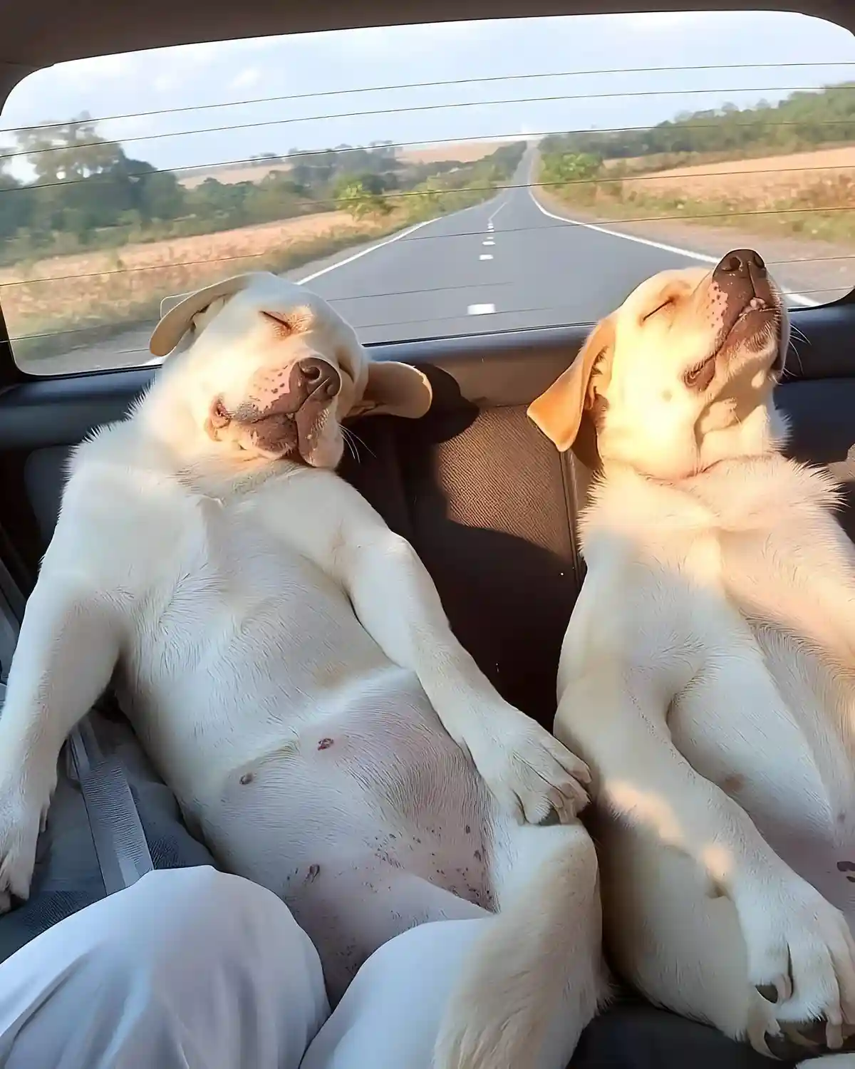 Two light-colored dogs are sleeping soundly in the backseat of a moving car, their heads tilted back and eyes closed, with a…
