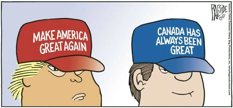 Two cartoon men face each other; the left has a red cap reading 'MAKE AMERICA GREAT AGAIN' and a scowling expression, while…