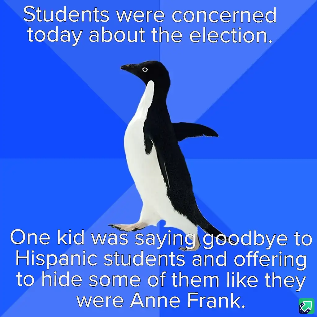 A penguin stands against a blue background with white text overlaid. The top text reads 'Students were concerned today about…