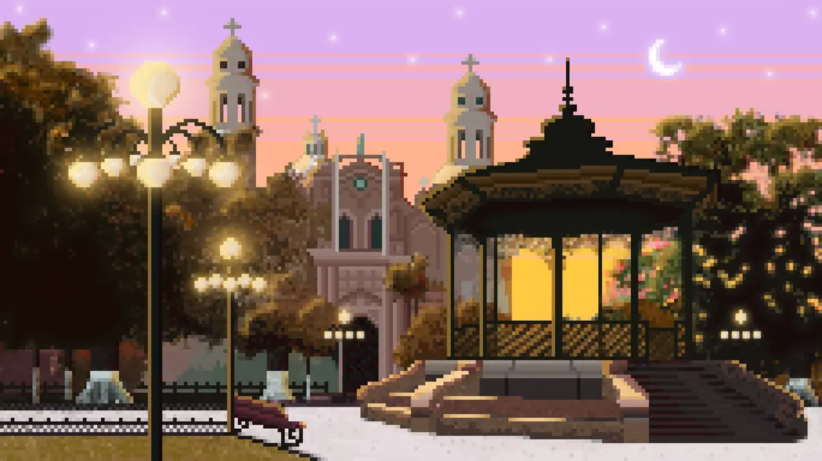 A pixel-art image depicts a serene, snowy town square at dusk with a lit gazebo, church towers, street lamps, and benches…