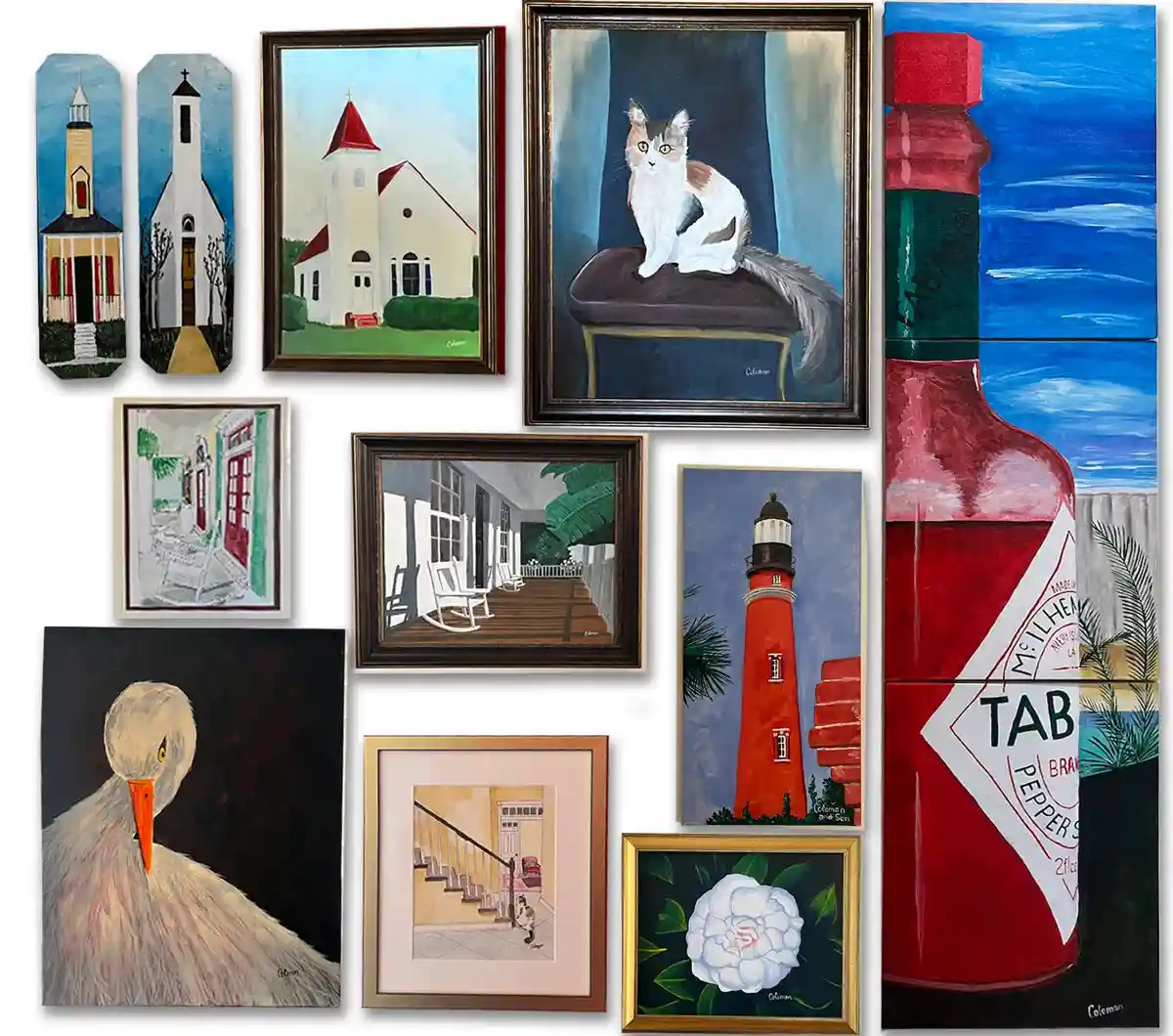 A collage of various framed paintings, including churches, a cat, a lighthouse, a stork, a staircase, a flower, and a large…