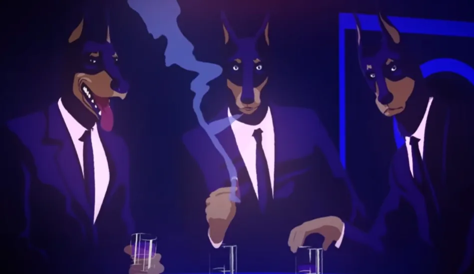 Three anthropomorphic Doberman Pinschers in suits sit at a dimly lit bar, one smoking a cigarette and holding a glass…