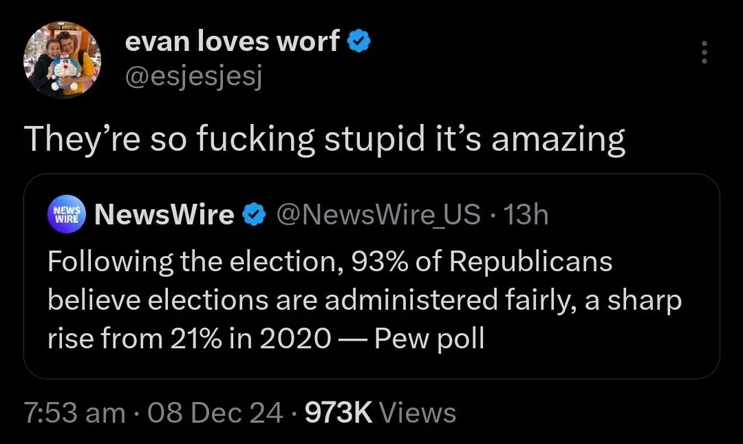 A screenshot of a Twitter post by 'evan loves worf' (@esjesjesj) that reads 'They're so fucking stupid it's amazing' above a…