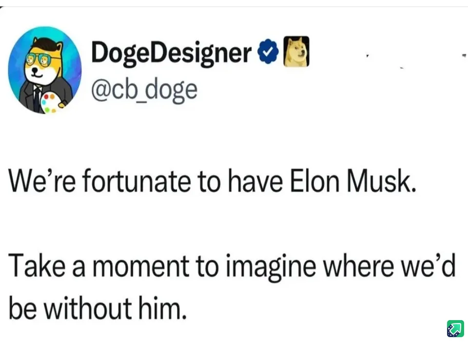 A screenshot of a Twitter post by the verified account 'DogeDesigner' (@cb_doge), whose profile picture shows a doge…