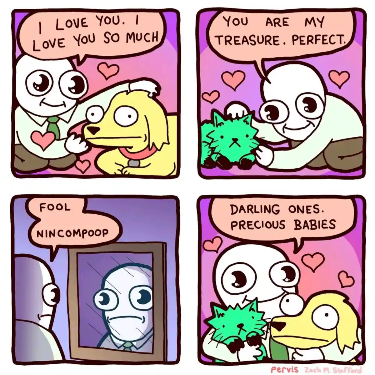 A four-panel comic strip shows a white-skinned character with large eyes expressing intense affection to a yellow dog and a…