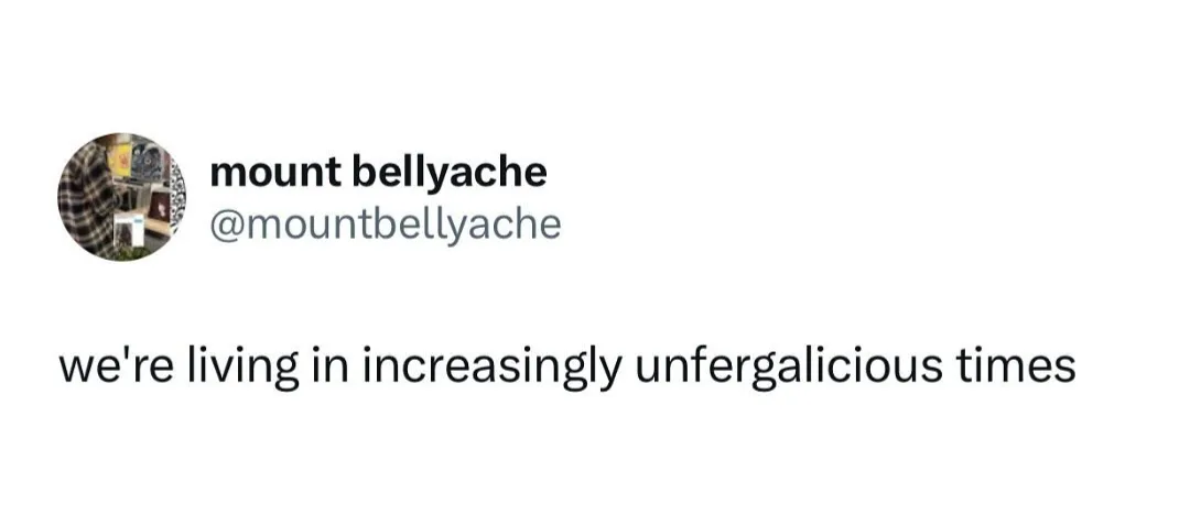 A screenshot of a tweet from the account 'mount bellyache' with the handle '@mountbellyache'. The tweet text reads 'we're…