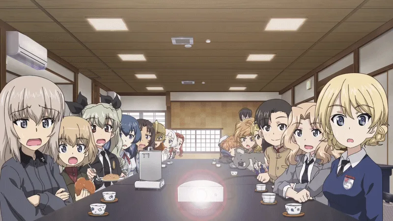 The image shows two identical panoramic scenes of anime characters seated at long tables in a traditional Japanese-style…