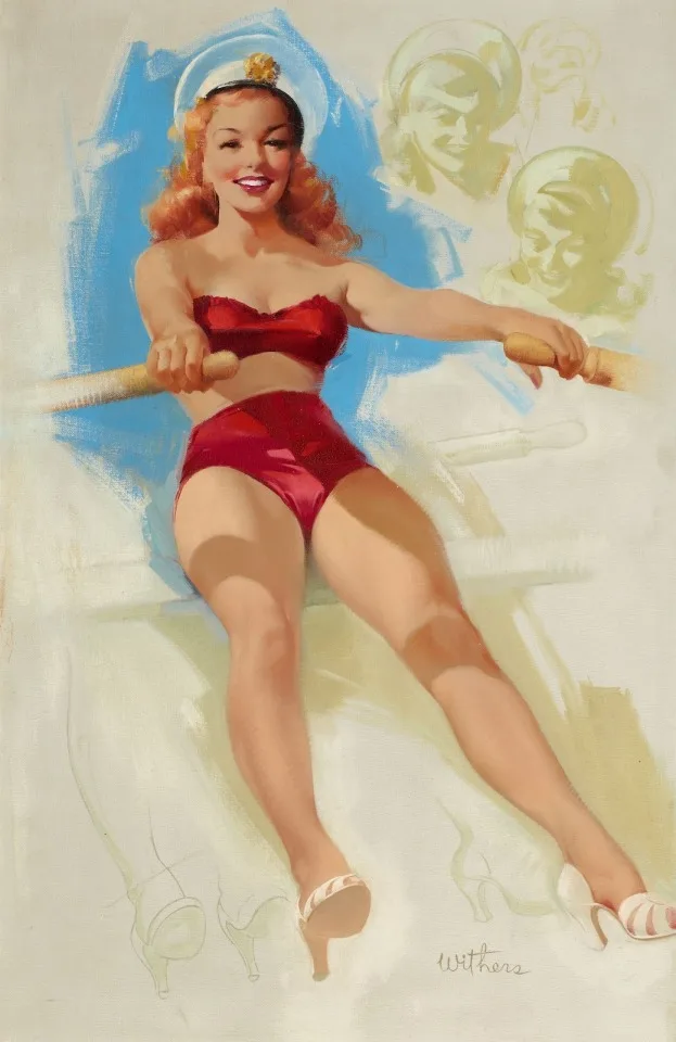 A vintage pin-up painting shows a smiling woman in a red swimsuit and white sailor hat, holding oars while seated on a boat…