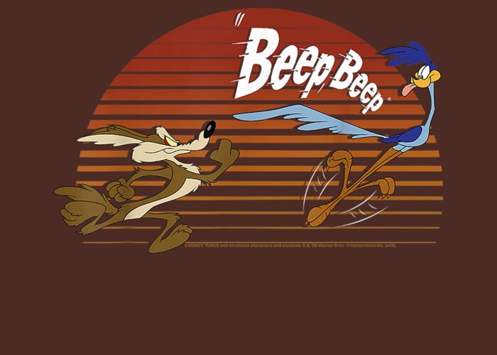 A classic Looney Tunes cartoon scene featuring Wile E. Coyote running frantically to the left while the Road Runner, a blue…