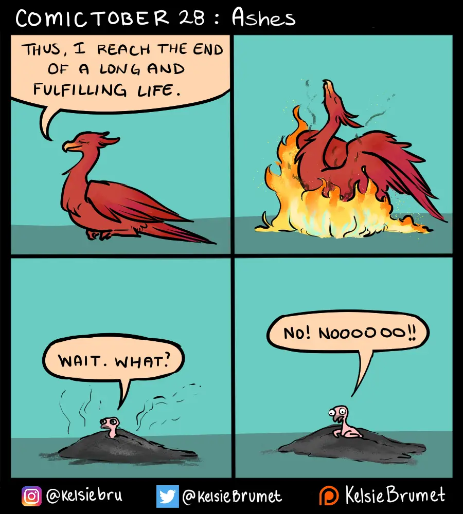 A four-panel comic shows a red phoenix calmly stating it's ending its life, then bursting into flames. The next panels show…