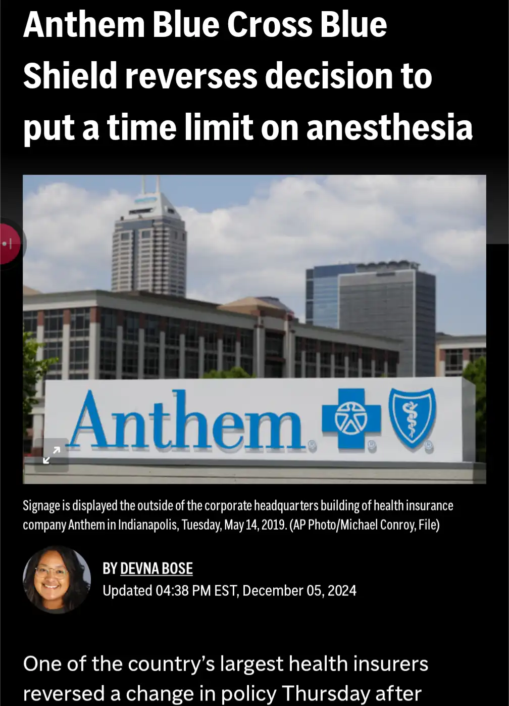 The image shows a news article screenshot featuring a photo of the Anthem corporate headquarters sign in Indianapolis. The…
