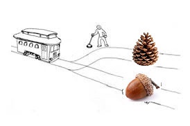 A black-and-white line drawing shows a trolley car on tracks, with a man shoveling snow beside it. Two separate tracks…