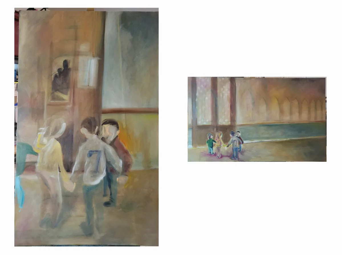 Two side-by-side images show the same painting at different stages: the left is a blurry, unfinished painting of children…