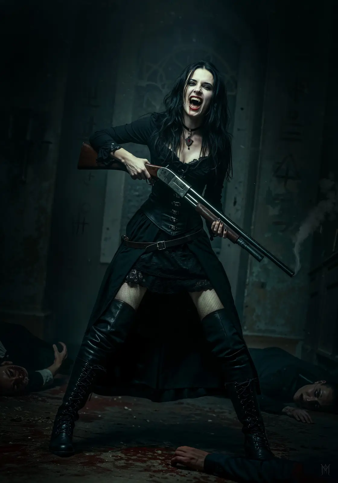 A woman in a black gothic outfit with lace and corset, holding a smoking shotgun, stands triumphantly in a dark…