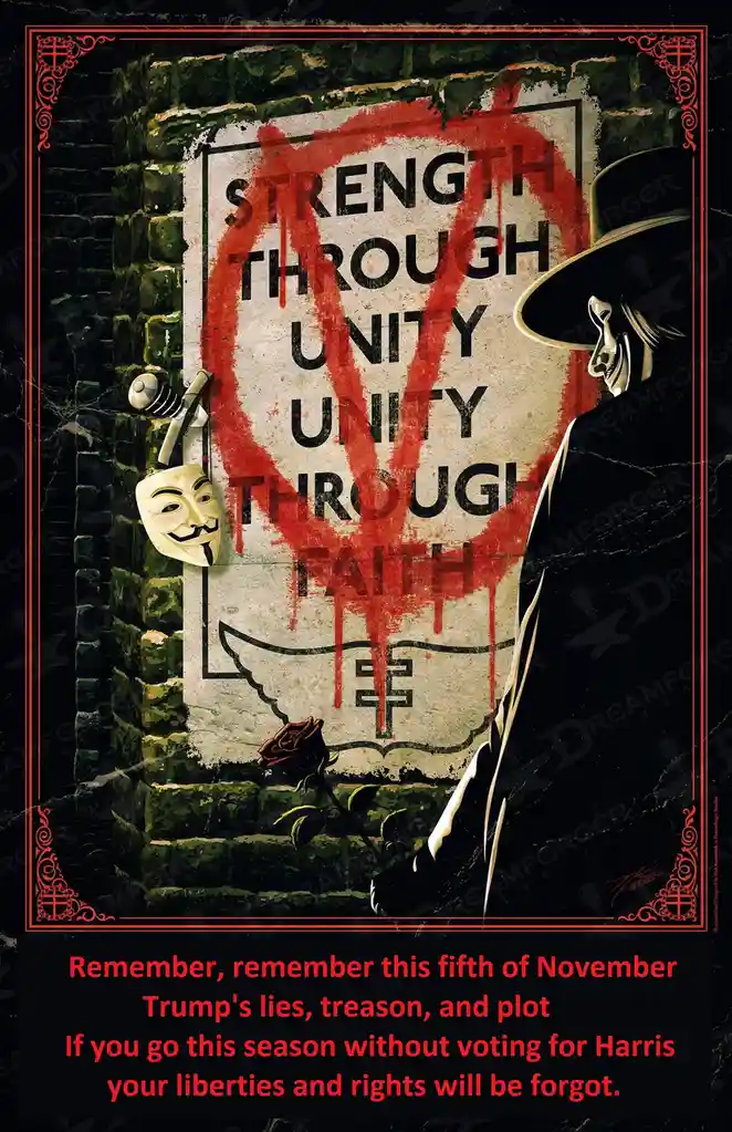 A dark, stylized poster shows a figure in a black coat and wide-brimmed hat, resembling a masked vigilante, standing beside…