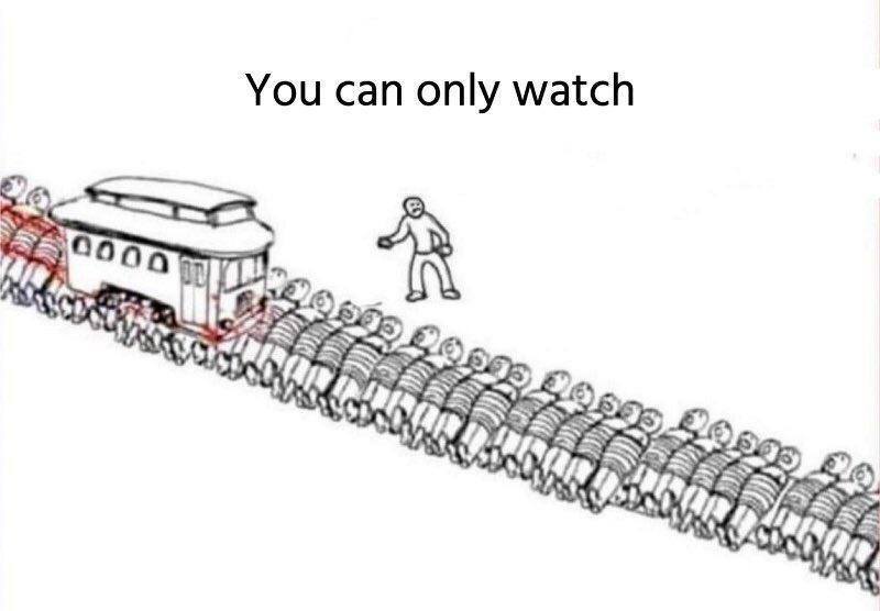 A black-and-white cartoon depicts a lone stick figure standing before a long, diagonal line of identical stick figures…