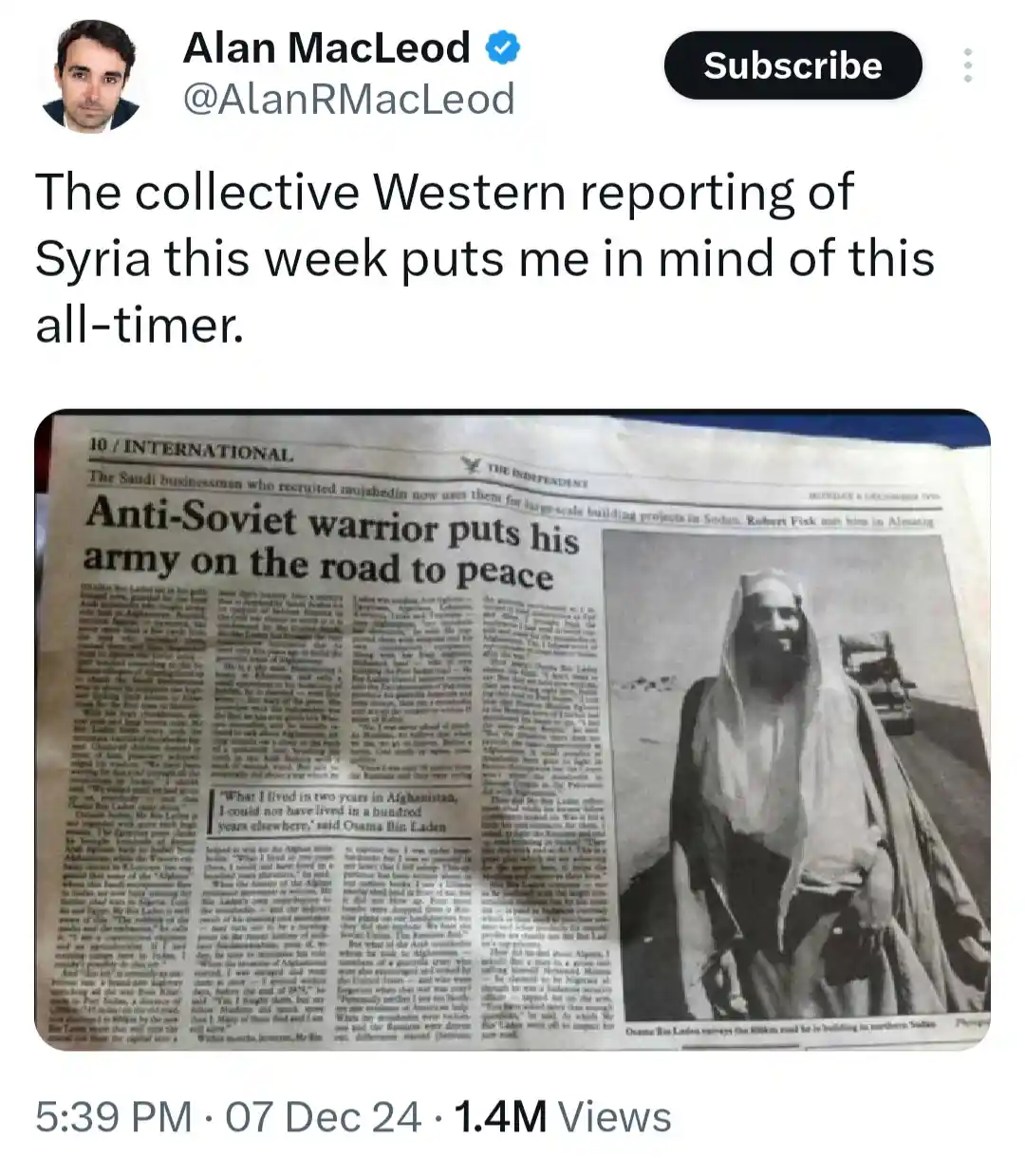 A screenshot of a tweet by Alan MacLeod showing a 1996 newspaper clipping from The Independent. The article features a photo…