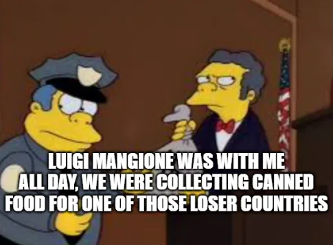 A still from The Simpsons shows a police officer looking at a man in a suit holding a bag of canned food. The officer is…