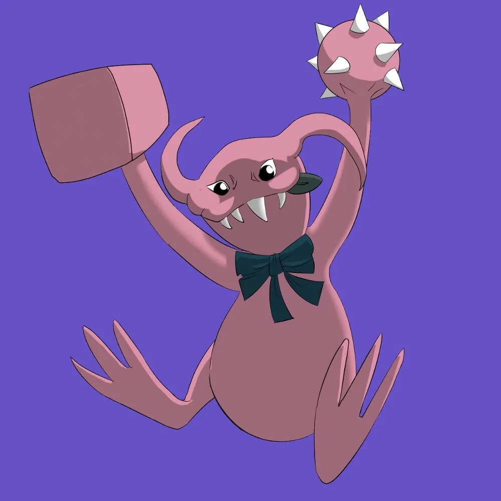 A pink, cartoonish monster with horns, fangs, and a dark green bowtie holds up a large hammer in one hand and a spiked ball…