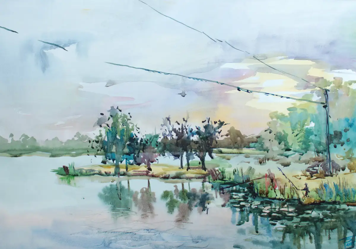 A watercolor painting depicts a serene landscape with a calm body of water reflecting trees and a cloudy sky, featuring a…