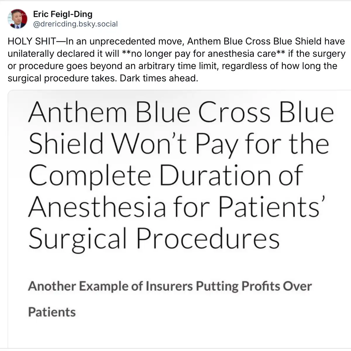 The image displays a screenshot of a social media post by Eric Feigl-Ding, which includes a headline stating 'Anthem Blue…
