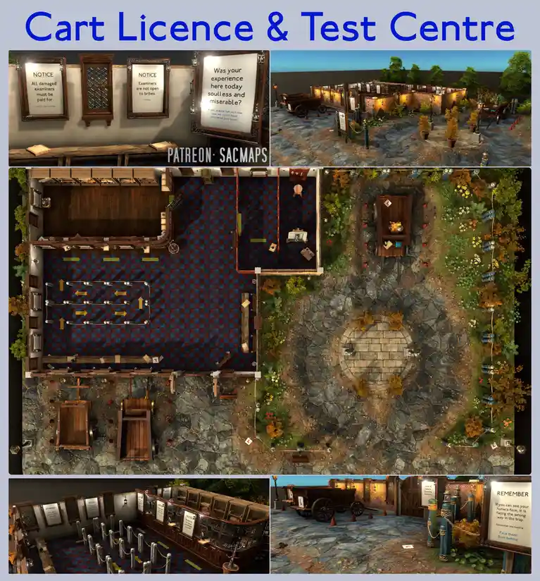 A collage of screenshots from a video game showing a 'Cart Licence & Test Centre' with signs like 'All damaged examiners…