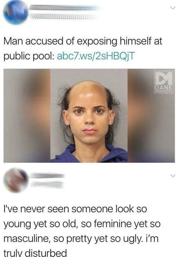 A mugshot of a person with a balding head and dark hair on the sides, wearing a blue hoodie, is overlaid with text. The top…
