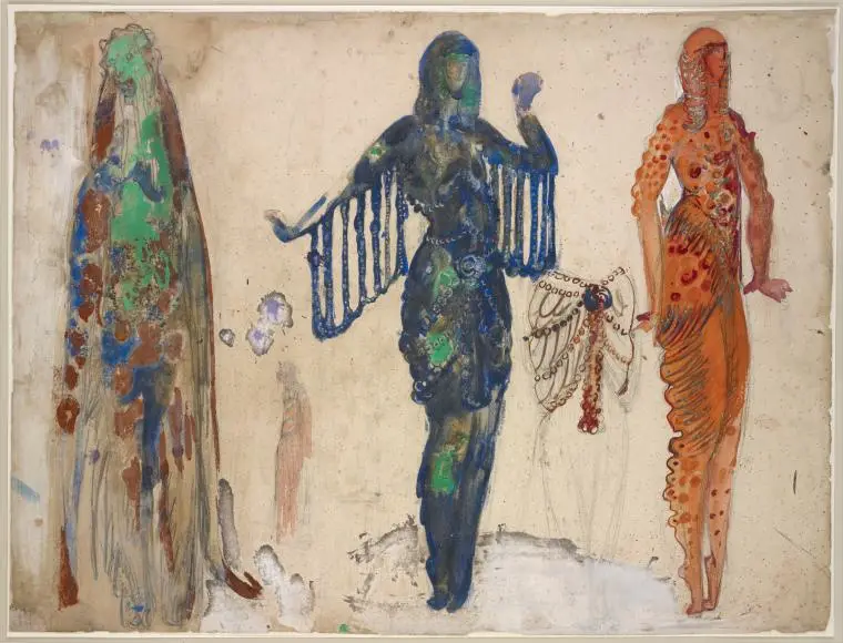 An artistic sketch of three stylized, abstract human figures standing side by side on a textured beige background. The…