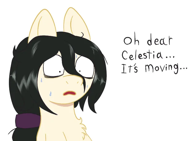 A cartoon pony with black hair and cream-colored skin, resembling a character from My Little Pony, has a terrified…