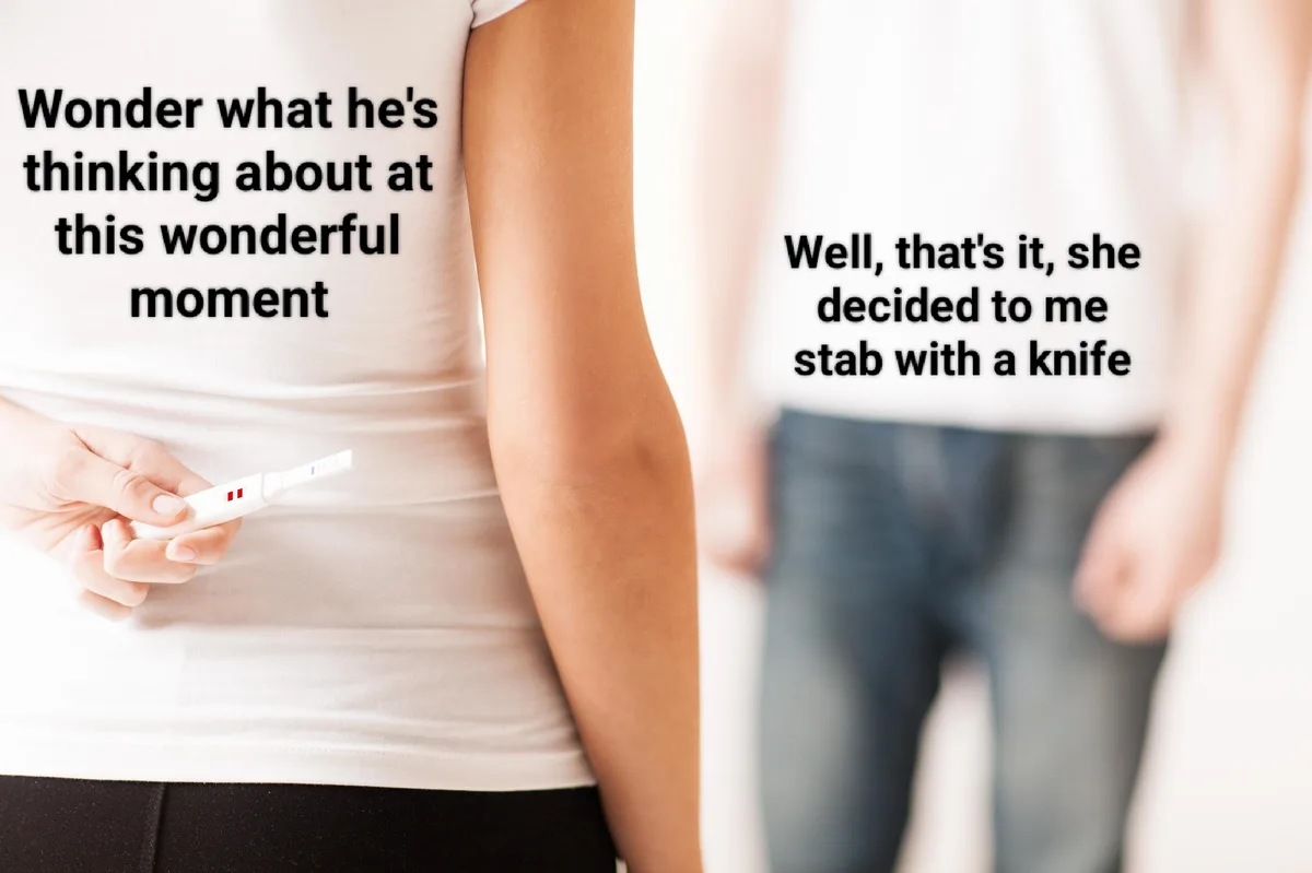 A woman in a white shirt holds a positive pregnancy test, thinking about her partner's reaction. A blurred man stands behind…