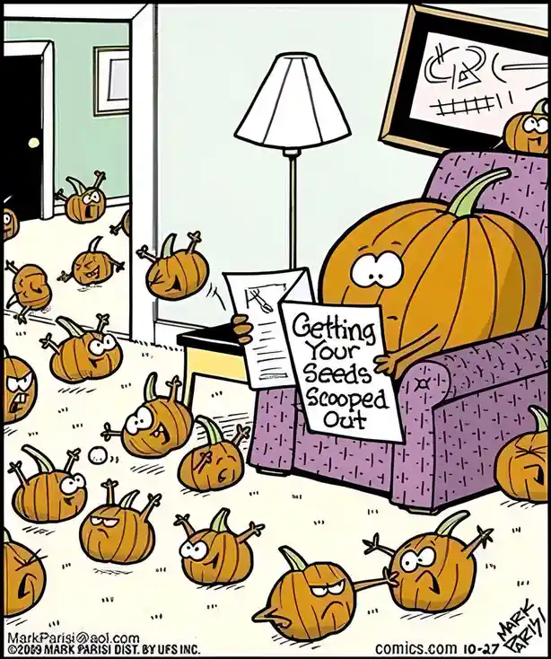 A cartoon pumpkin sits calmly on a purple couch reading a newspaper titled 'Getting Your Seeds Scooped Out' while dozens of…