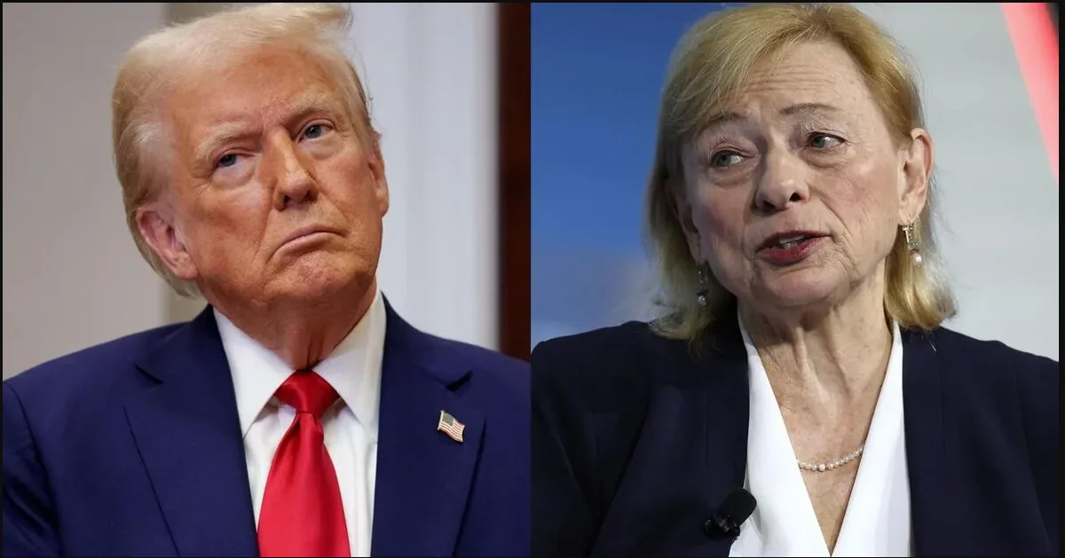 The image is a side-by-side split screen showing Donald Trump on the left with a skeptical, unimpressed expression, and a…