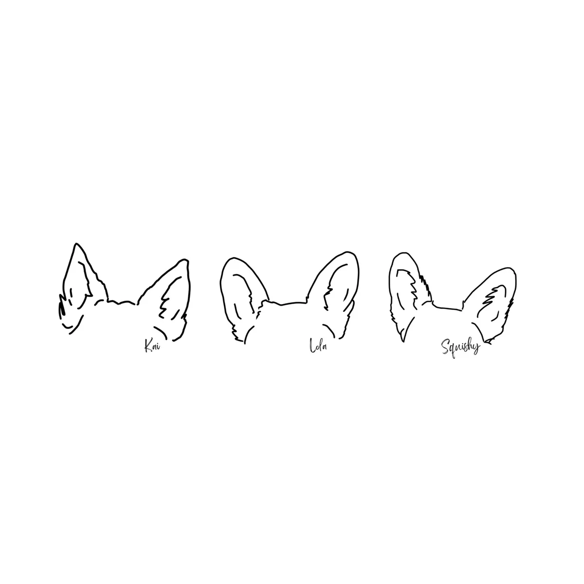 A minimalist black-and-white line drawing shows three pairs of stylized animal ears arranged horizontally. Each pair has a…