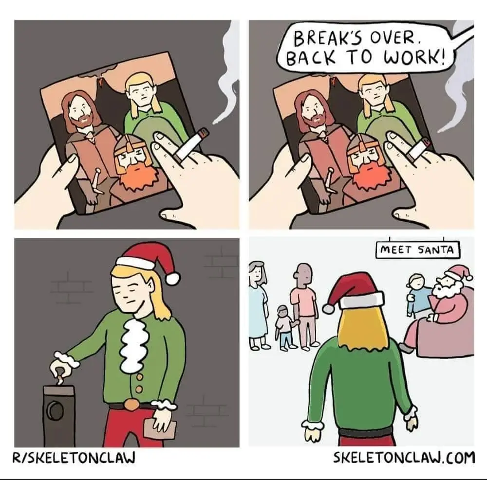 A four-panel comic strip shows a hand holding a photo of three people, one of whom is smoking. In the second panel, the…
