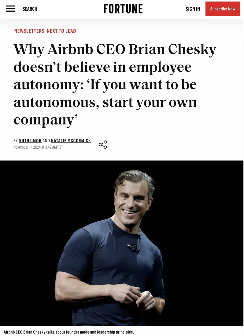 A screenshot of a Fortune magazine article header featuring a smiling Brian Chesky. The headline reads 'Why Airbnb CEO Brian…