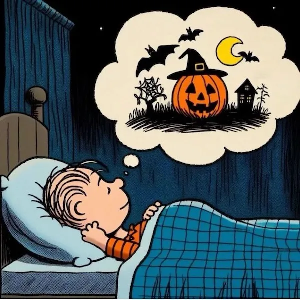 A cartoon boy sleeps in bed under a blue blanket, his thought bubble above his head shows a classic Halloween scene with a…