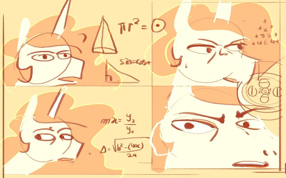 A four-panel comic strip shows a character with a unicorn horn looking confused as math equations like πr²=0 and sin=cos+…