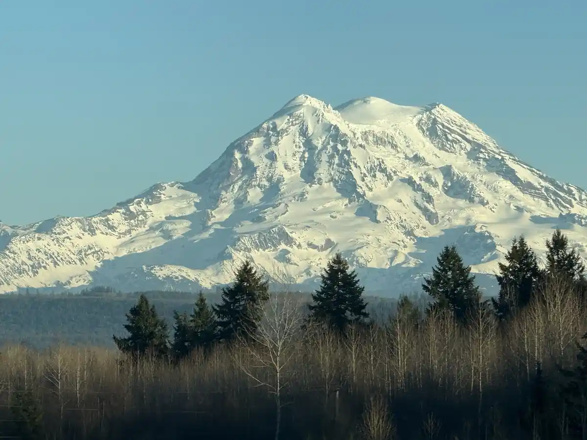A majestic, snow-capped mountain, identifiable as Mount Rainier, dominates the image under a clear blue sky, with a…