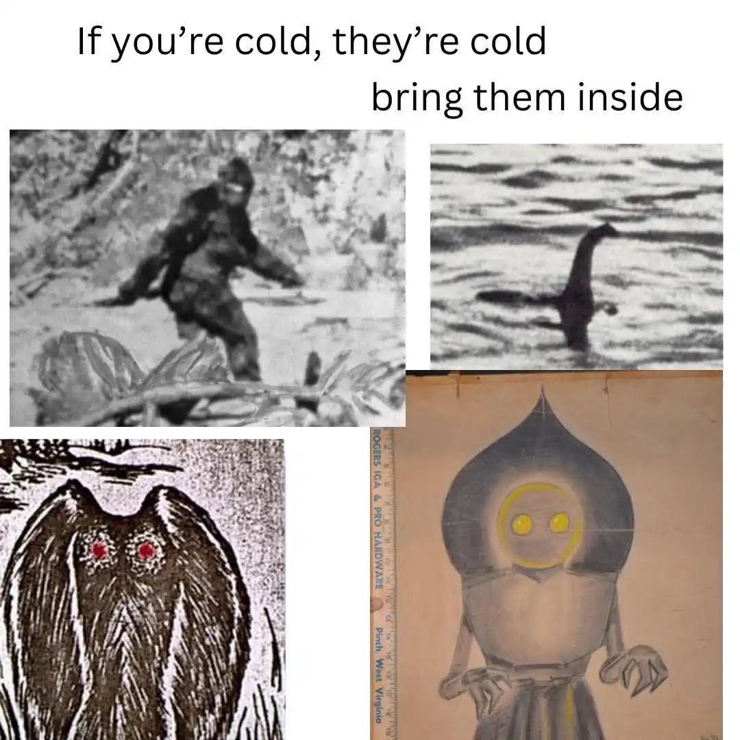 The image displays four separate pictures: a blurry black-and-white photo of a Bigfoot-like creature, a photo of a…
